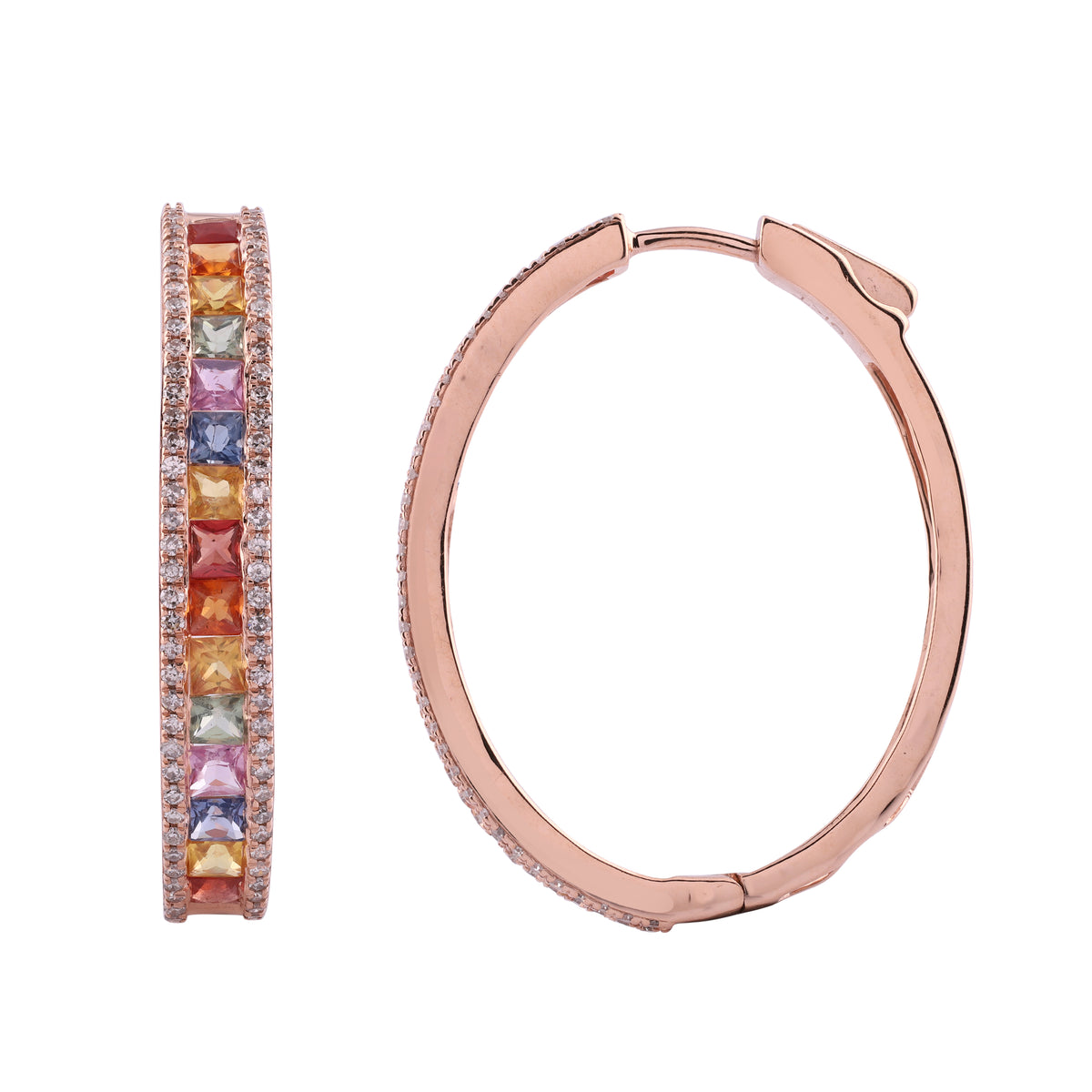 LADIES HOOP EARRINGS 4.15CT ROUND/PRINCESS DIAMOND 14K ROSE GOLD (COLOUR STONE MIX-3.55CT)