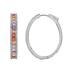 LADIES HOOP EARRINGS 4.15CT ROUND/PRINCESS DIAMOND 14K WHITE GOLD (COLOUR STONE MIX-3.55CT)