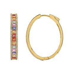 LADIES HOOP EARRINGS 4.15CT ROUND/PRINCESS DIAMOND 14K YELLOW GOLD (COLOUR STONE MIX-3.55CT)