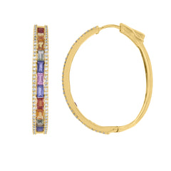 LADIES HOOP EARRINGS 3.30CT ROUND/BAGUETTE DIAMOND 14K YELLOW GOLD (COLOUR STONE MIX-2.7CT)