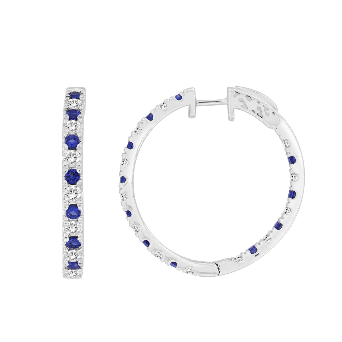 LADIES HOOP EARRING 2.40CT ROUND/SAPPHIRE DIAMOND 14K WHITE GOLD (CENTER STONE ROUND BLUE SAPPHIRE 1.40CT)