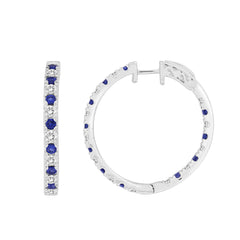 LADIES HOOP EARRING 2.40CT ROUND/SAPPHIRE DIAMOND 14K WHITE GOLD (CENTER STONE ROUND BLUE SAPPHIRE 1.40CT)