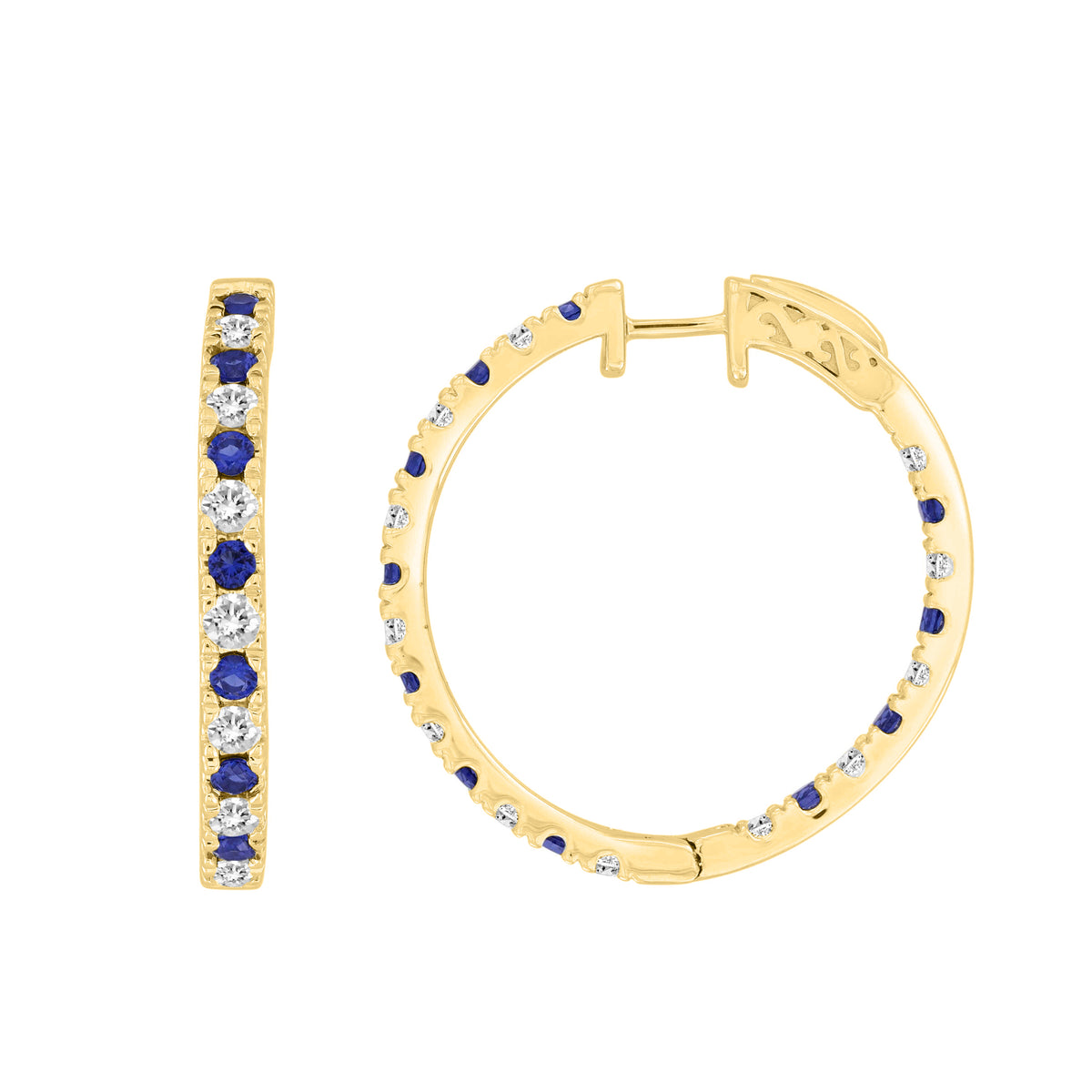 LADIES HOOPS EARRING 2.20CT BLUE SAPHIRE/ROUND DIAMOND 14K YELLOW GOLD