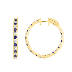 LADIES HOOPS EARRING 2.20CT BLUE SAPHIRE/ROUND DIAMOND 14K YELLOW GOLD