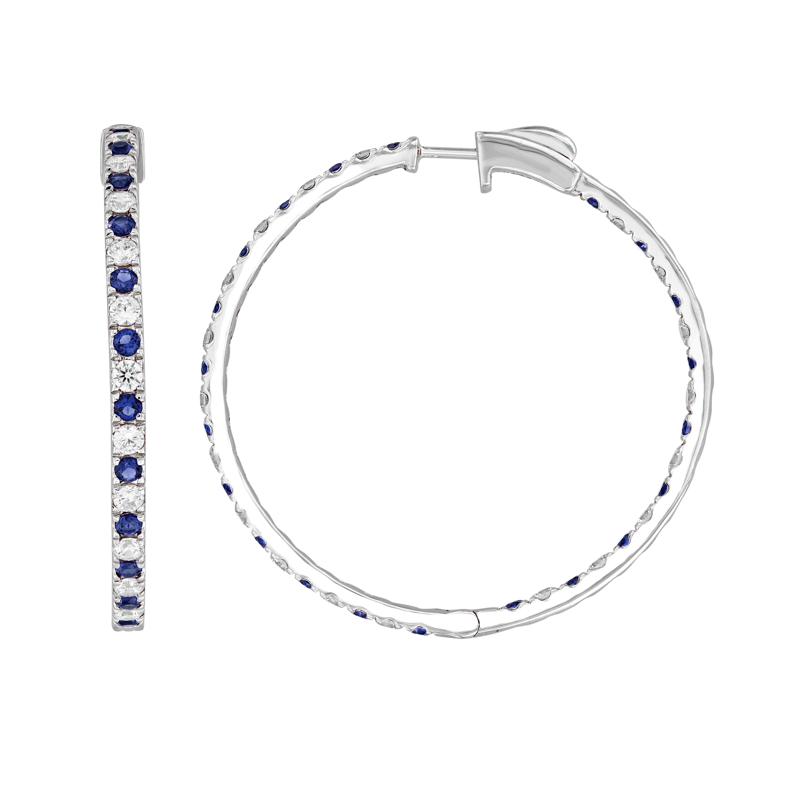 LADIES HOOPS EARRING 4.35CT BLUE SAPHIRE/ROUND DIAMOND 14K WHITE GOLD