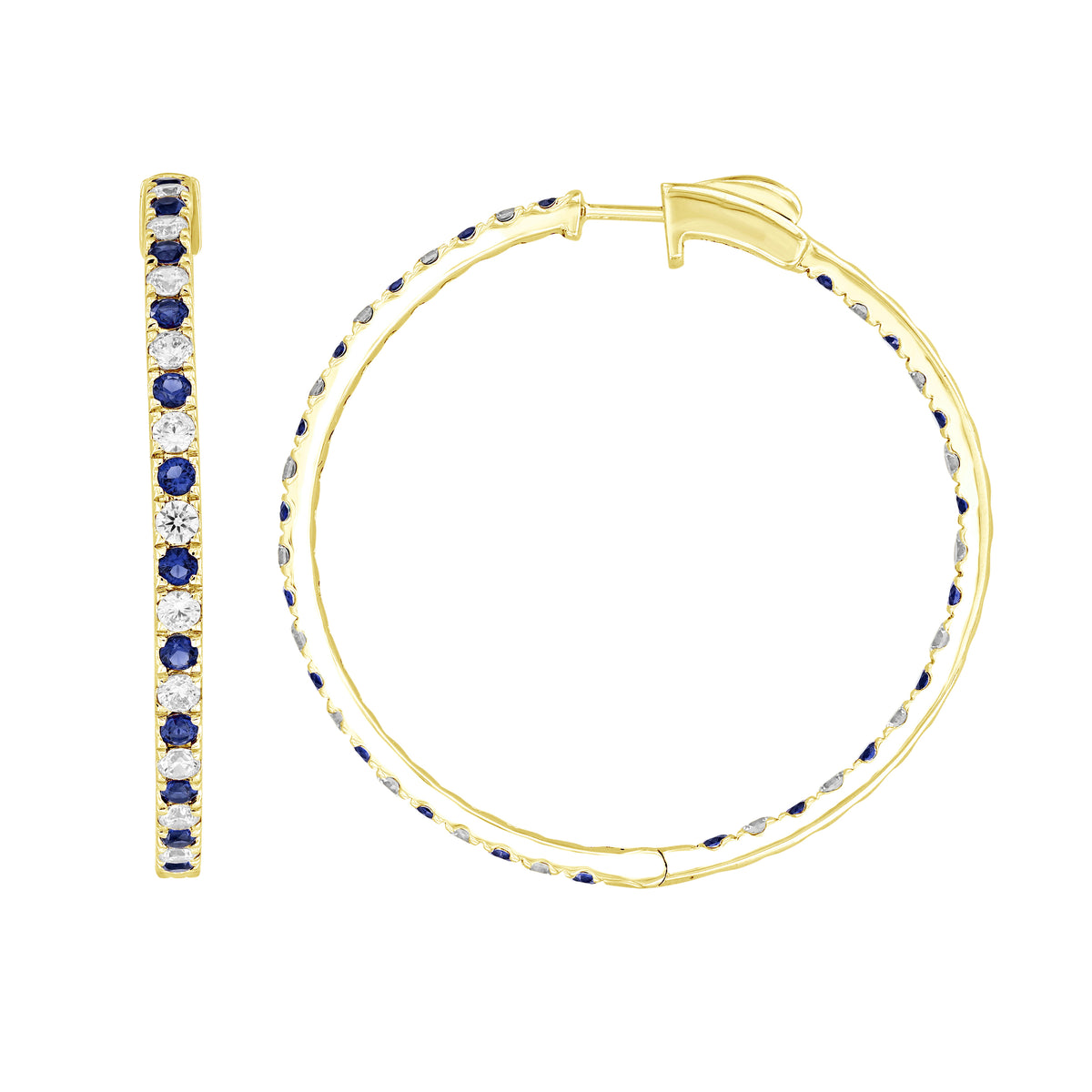 LADIES HOOPS EARRING 4.35CT BLUE SAPHIRE/ROUND DIAMOND 14K YELLOW GOLD