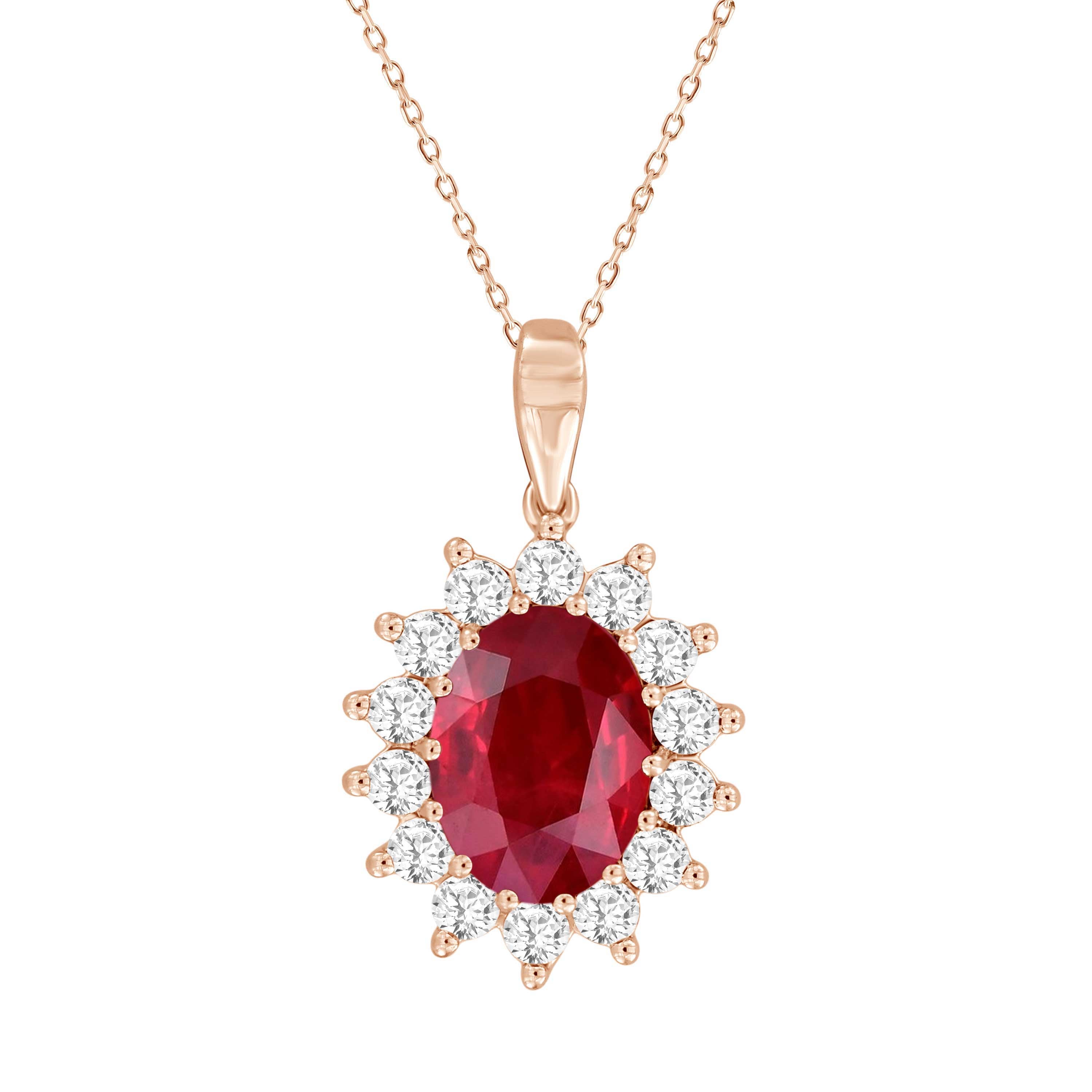 LADIES PENDANT WITH CHAIN 2.05CT ROUND/RUBY/OVAL DIAMOND 14K ROSE GOLD (CENTER STONE RUBY APPROX- 1.62CT)