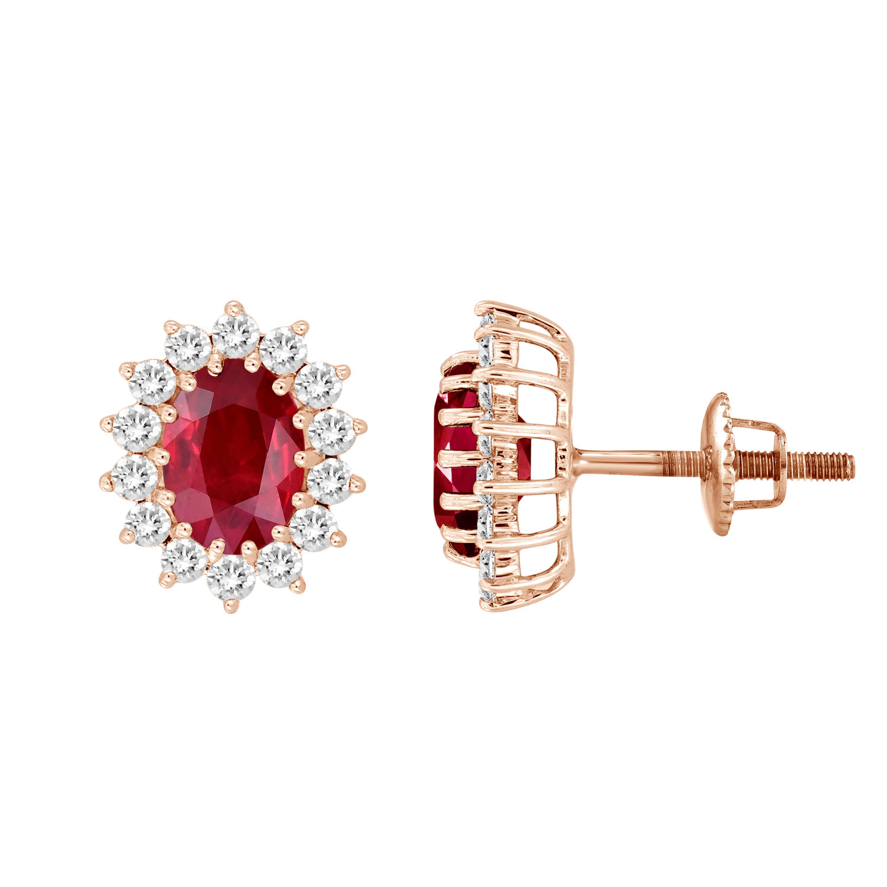 LADIES EARRING 2.55CT ROUND/RUBY/OVAL DIAMOND 14K ROSE GOLD (CENTER STONE RUBY APPROX- 2.00CT)