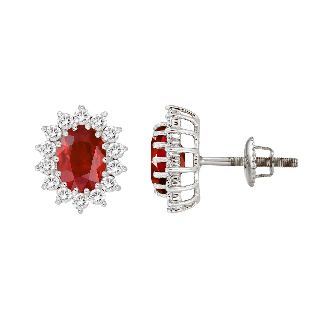 LADIES EARRING 2.55CT ROUND/RUBY/OVAL DIAMOND 14K WHITE GOLD (CENTER STONE RUBY APPROX- 2.00CT)