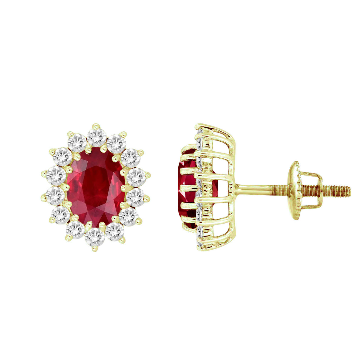 LADIES EARRING 2.55CT OVAL/RUBY/ROUND DIAMOND 14K YELLOW GOLD