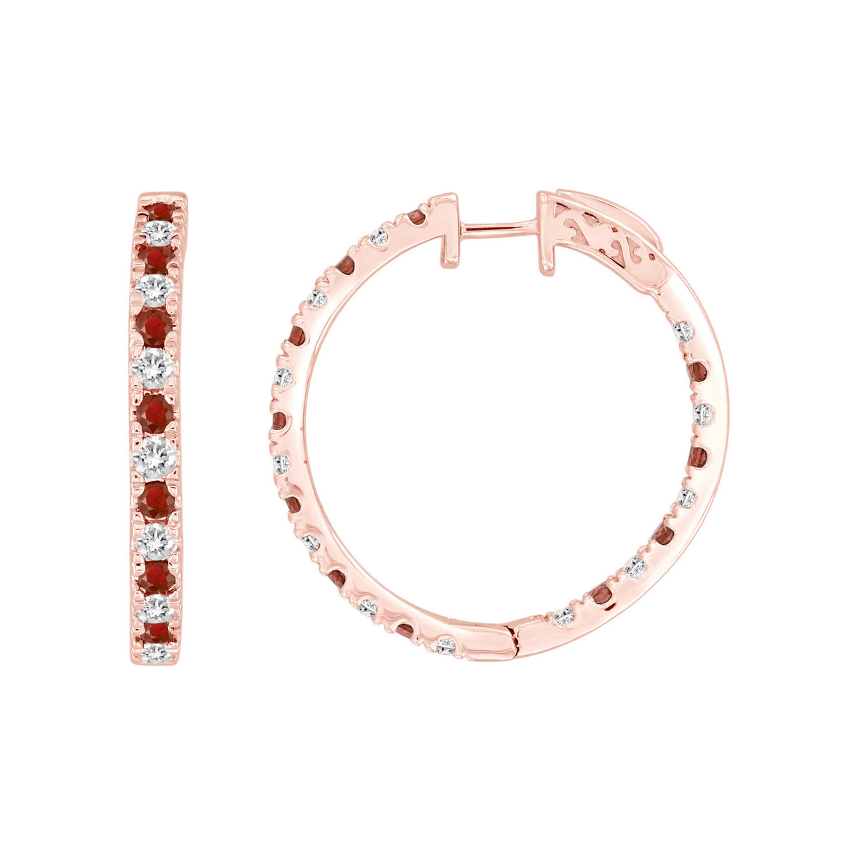 LADIES HOOP EARRING 1.80CT ROUND/RUBY DIAMOND 14K ROSE GOLD (CENTER STONE RUBY APPROX- 0.88CT)