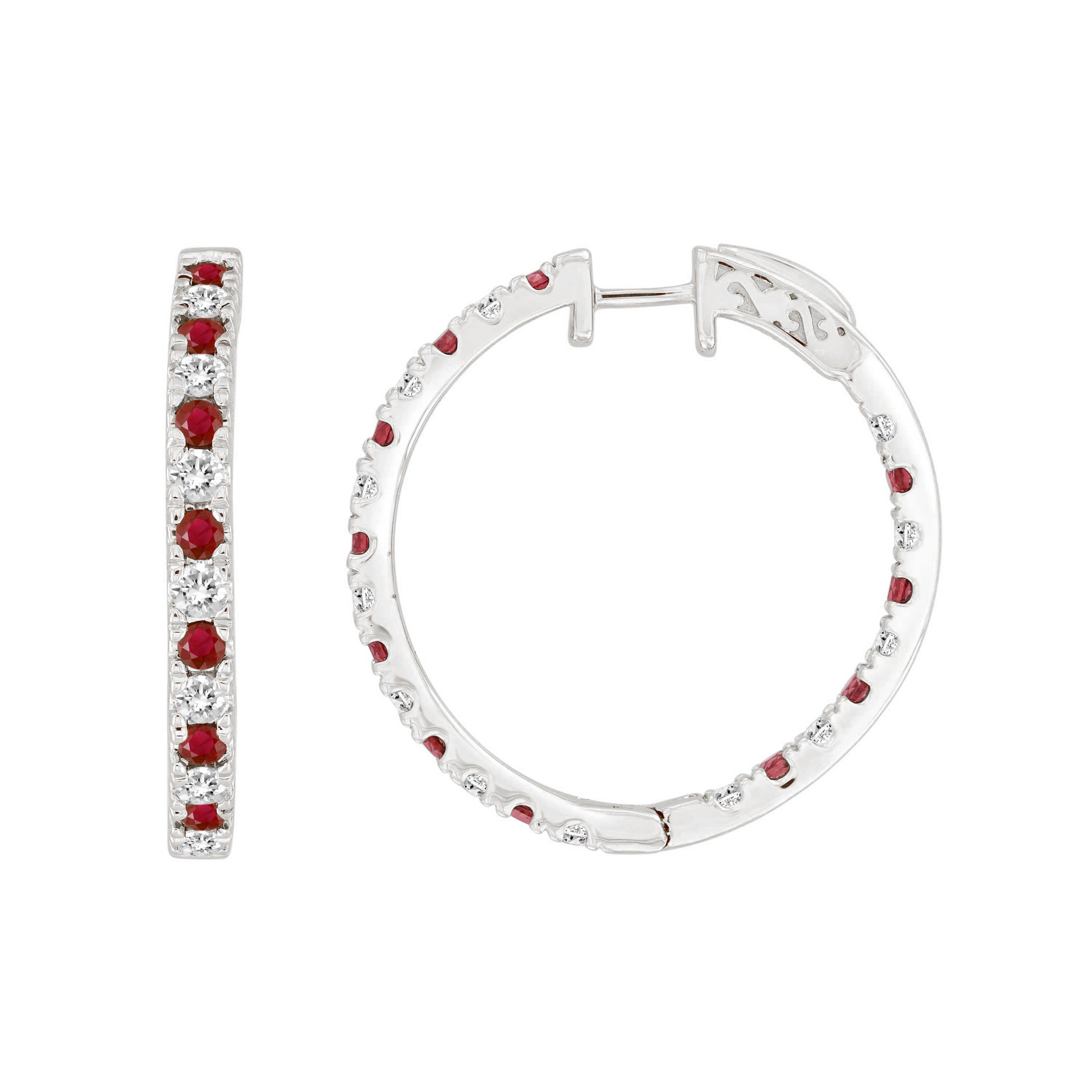 LADIES HOOP EARRING 1.80CT ROUND/RUBY DIAMOND 14K WHITE GOLD (CENTER STONE RUBY APPROX 0.88CT)