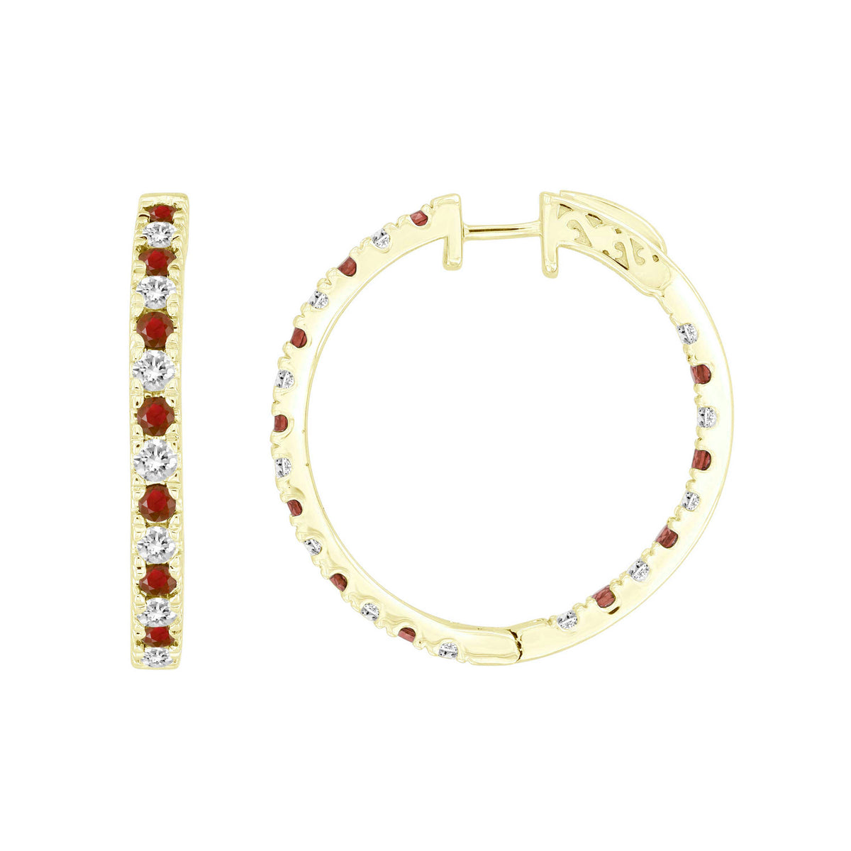 LADIES HOOPS EARRING 1.80CT RUBY/ROUND DIAMOND 14K YELLOW GOLD