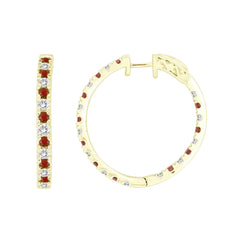 LADIES HOOPS EARRING 1.80CT RUBY/ROUND DIAMOND 14K YELLOW GOLD