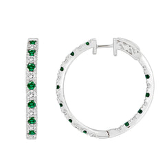 LADIES HOOPS EARRING 2.00CT EMERALD/ROUND DIAMOND 14K WHITE GOLD(CENTER STONE 1.00CT EMERALD DIAMOND)