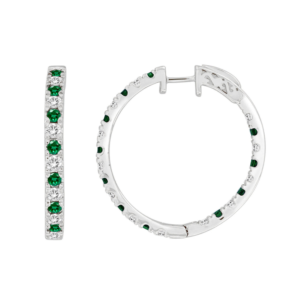 LADIES HOOP EARRING 1.85CT ROUND/EMERALD DIAMOND 14K WHITE GOLD (CENTER STONE EMERALD APPROX- 0.85CT)