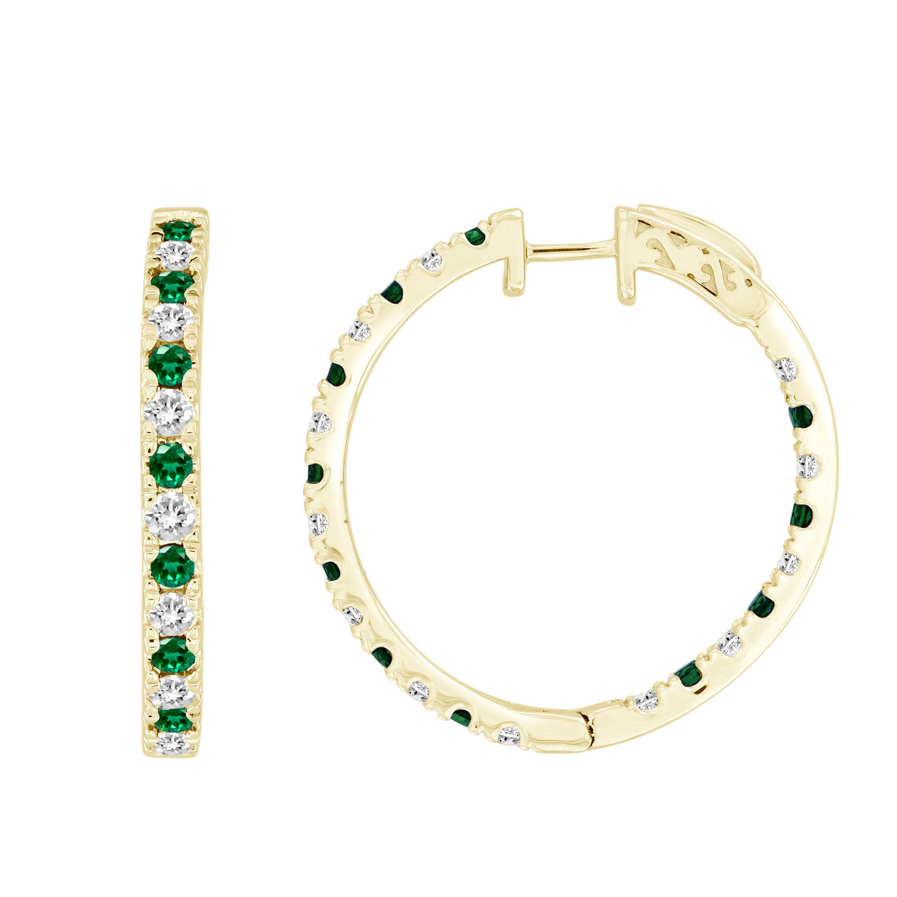 LADIES HOOPS EARRING 2.00CT EMERALD/ROUND DIAMOND 14K YELLOW GOLD(CENTER STONE 1.00CT EMERALD DIAMOND)