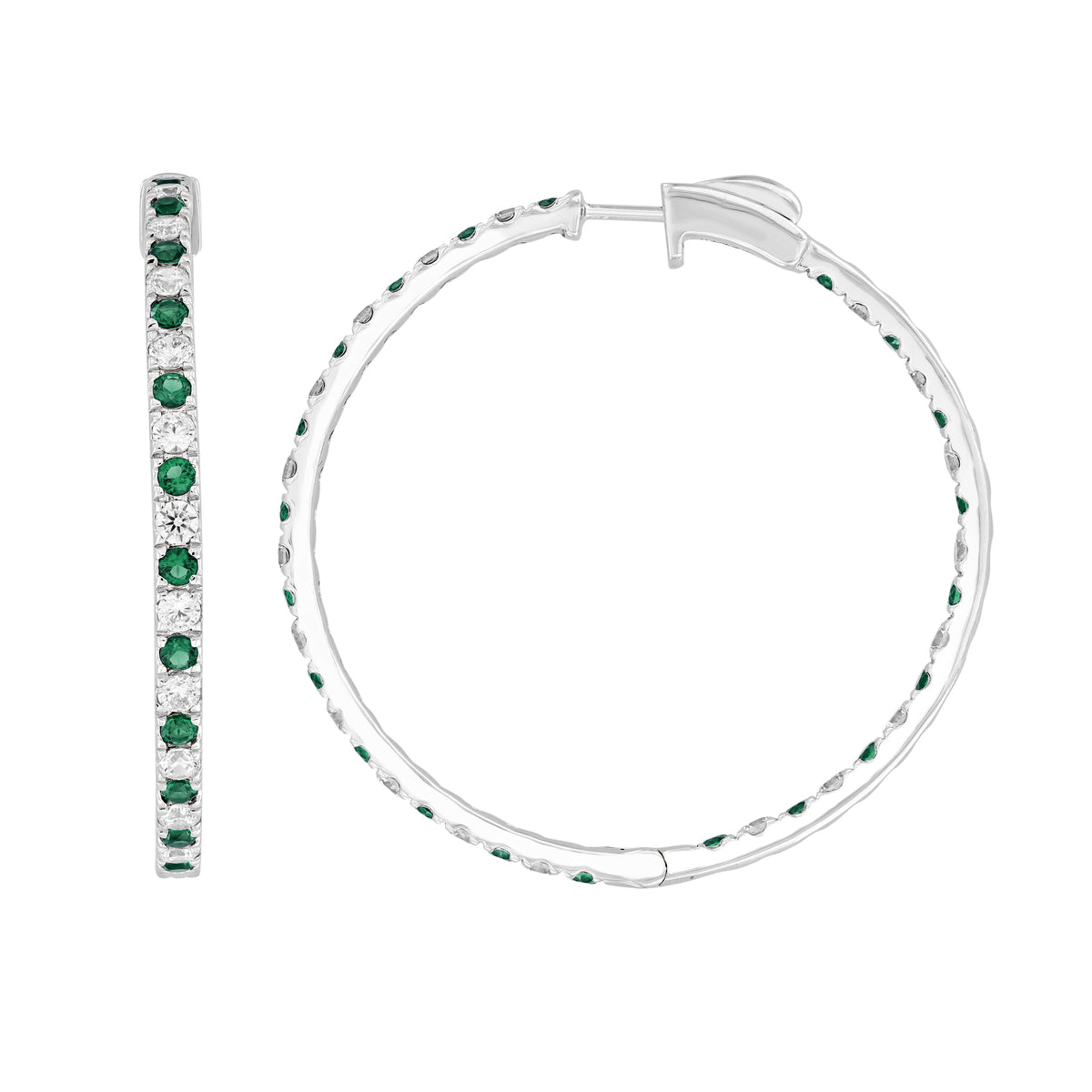 LADIES HOOP EARRING 4.00CT ROUND DIAMOND 14K WHITE GOLD (CENTER STONE EMERALD APPROX- 2.00CT)