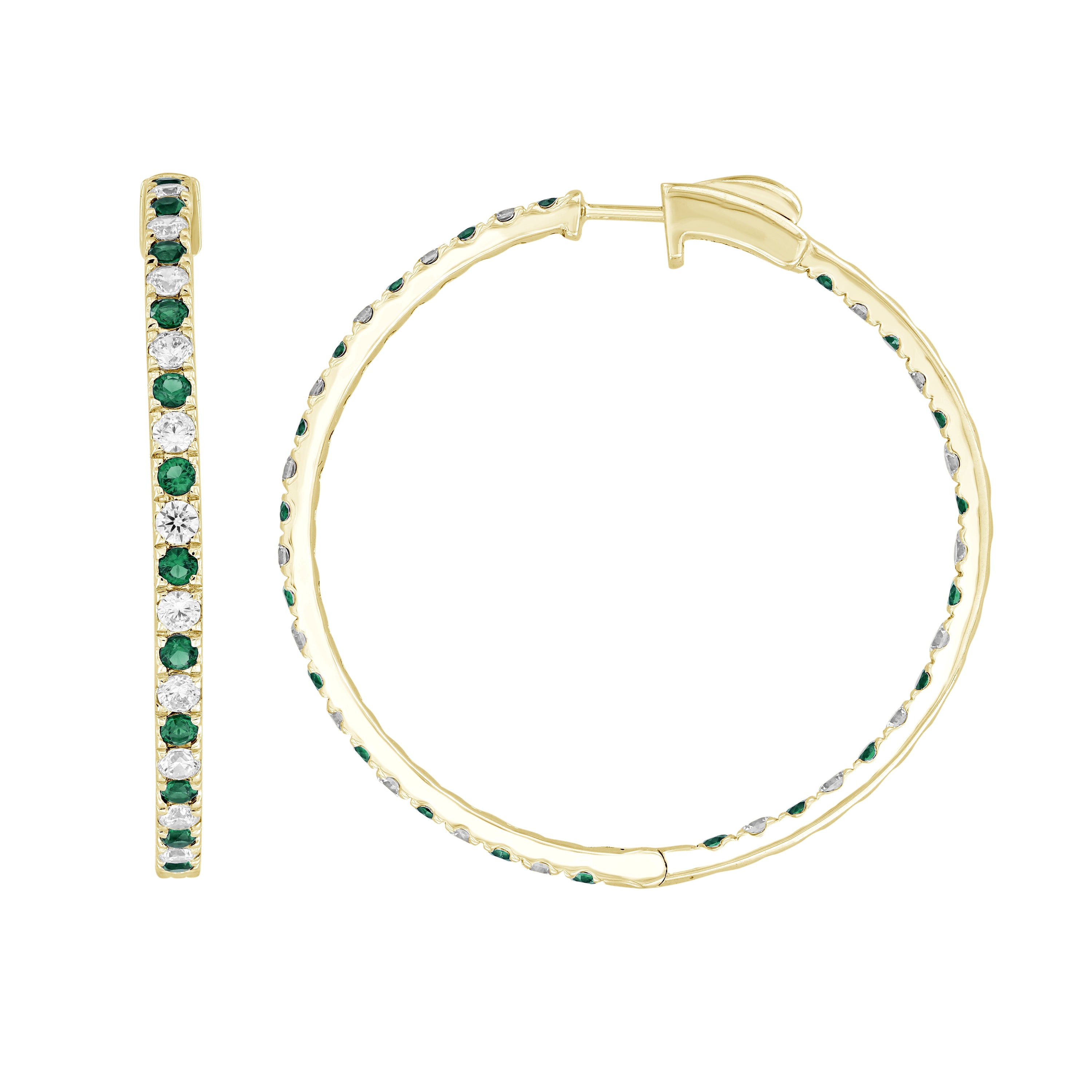 LADIES HOOPS EARRING 4.00CT EMERALD/ROUND DIAMOND 14K YELLOW GOLD(CENTER STONE 2.00CT EMERALD DIAMOND)