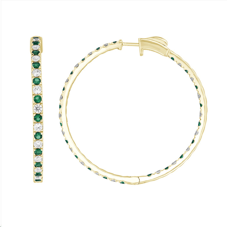 LADIES HOOP EARRING 3.35CT ROUND/EMERALD DIAMOND 14K YELLOW GOLD (CENTER STONE EMERALD APPROX- 1.40CT)