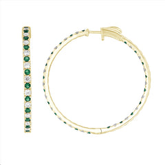 LADIES HOOP EARRING 3.35CT ROUND/EMERALD DIAMOND 14K YELLOW GOLD (CENTER STONE EMERALD APPROX- 1.40CT)