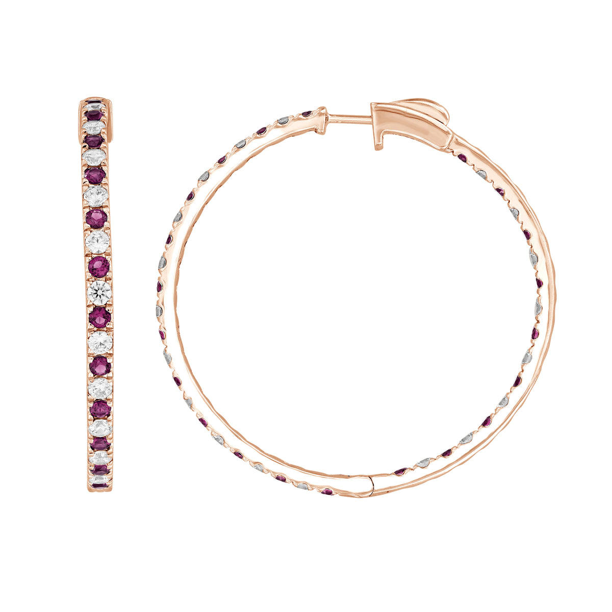 LADIES HOOP EARRING 4.35CT ROUND/RUBY DIAMOND 14K ROSE GOLD (CENTER STONE RUBY APPROX- 2.40CT)