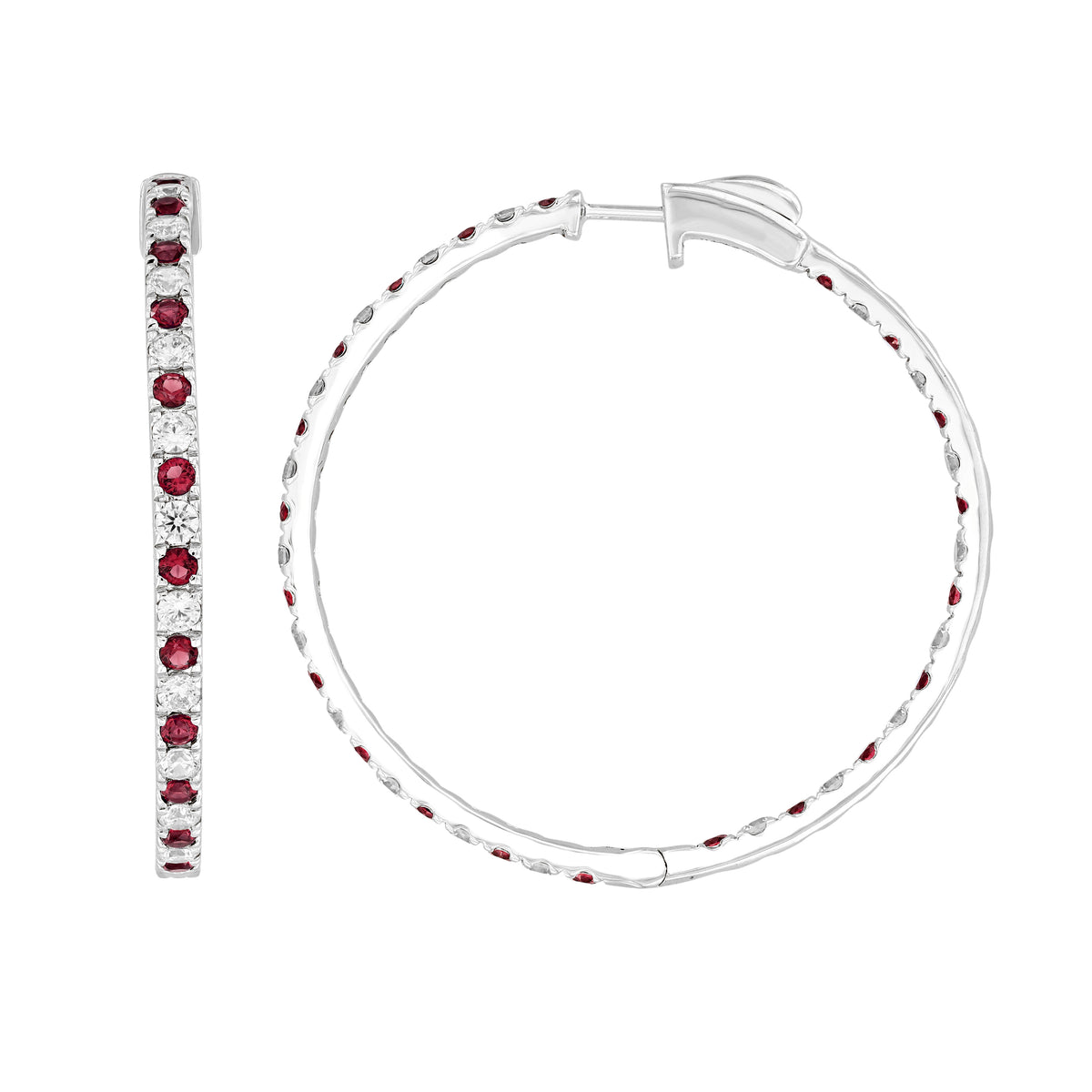 LADIES HOOP EARRING 4.35CT ROUND/RUBY DIAMOND 14K WHITE GOLD (CENTER STONE RUBY APPROX- 2.40CT)