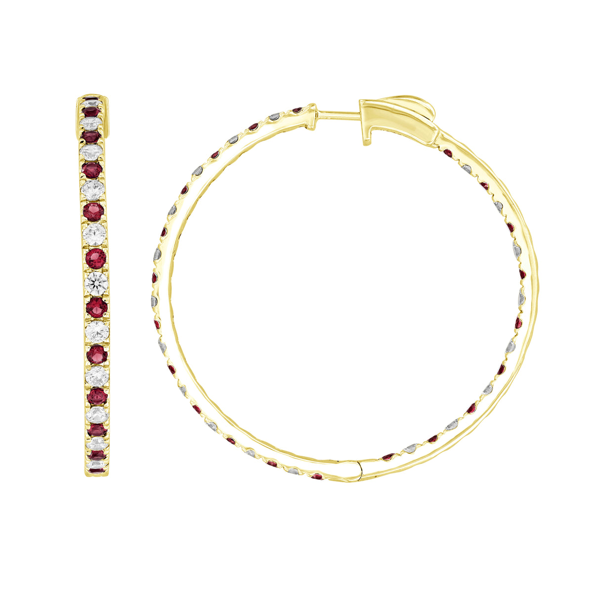 LADIES HOOPS EARRING 4.35CT ROUND/RUBY DIAMOND 14K YELLOW GOLD