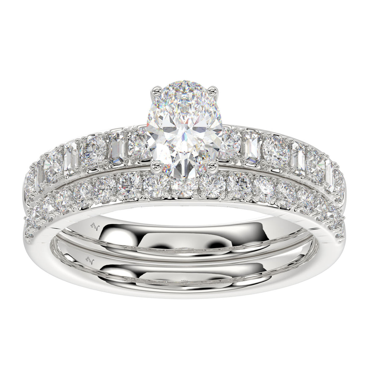 LADIES BRIDAL SET 1.50CT ROUND/BAGUETTE DIAMOND 14K WHITE GOLD (SI QUALITY) (OVAL DIAMOND-0.75CT)