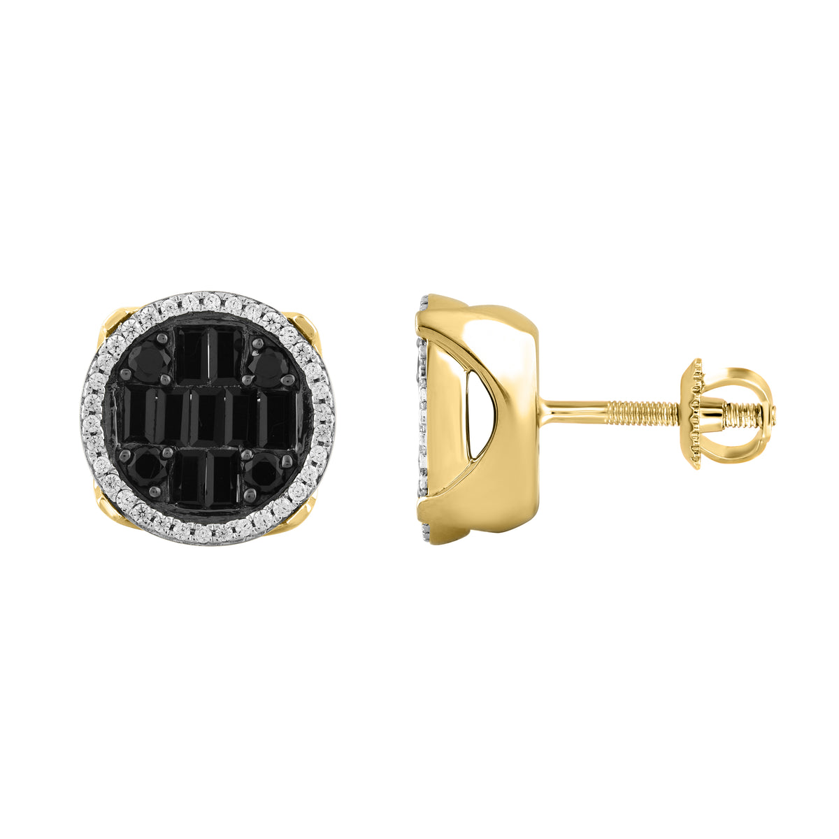 MEN'S EARRINGS 1.25CT ROUND/BLACK/BAGUETTE DIAMOND 10K YELLOW GOLD