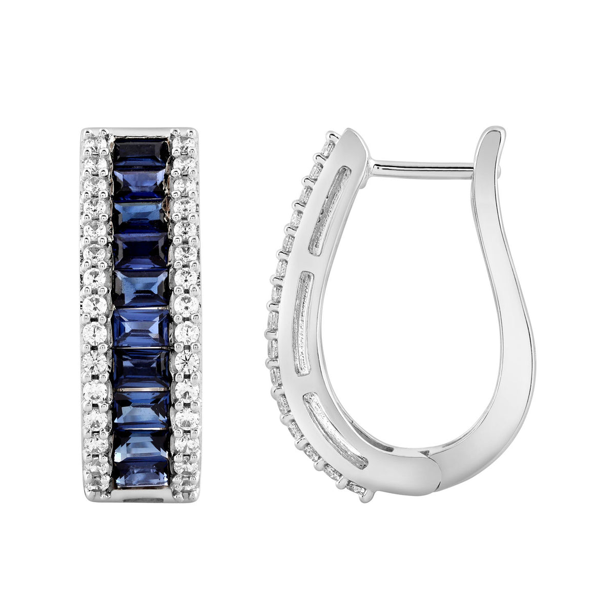 LADIES HOOPS EARRING 3.75CT ROUND/SAPPHIRE/BAGUETTE DIAMOND 14K WHITE GOLD (CENTER STONE 3.20CT ROUND SAPPHIRE DIAMOND)