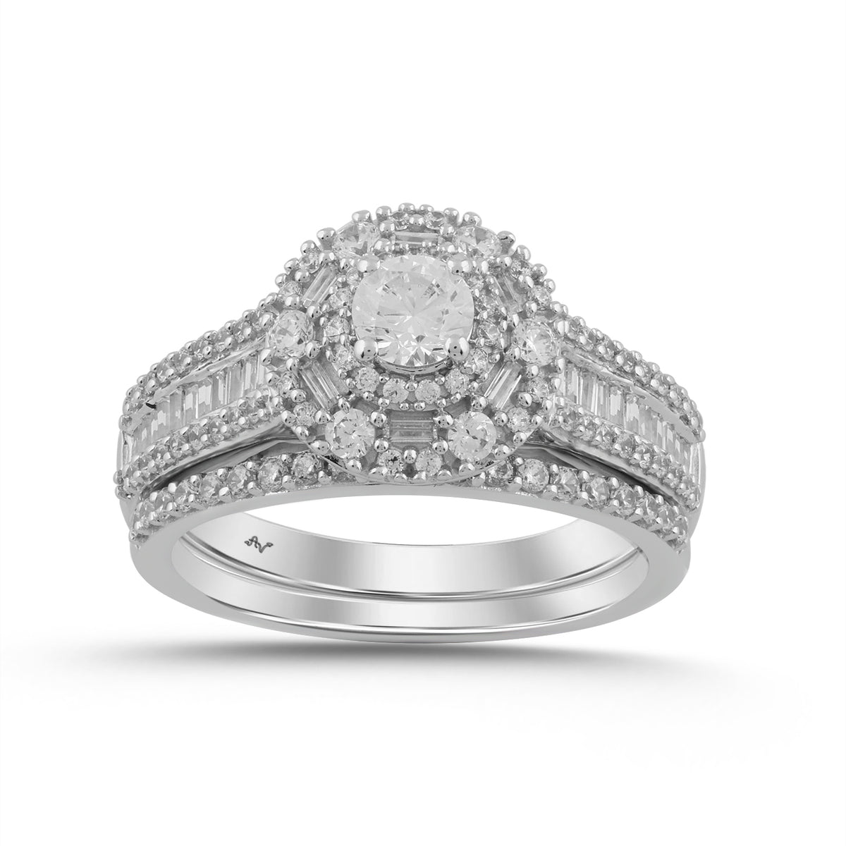 LADIES BRIDAL RING 1.00CT ROUND/BAGUETTE DIAMOND 14K WHITE GOLD (CENTER STONE 0.30CT ROUND DIAMOND)