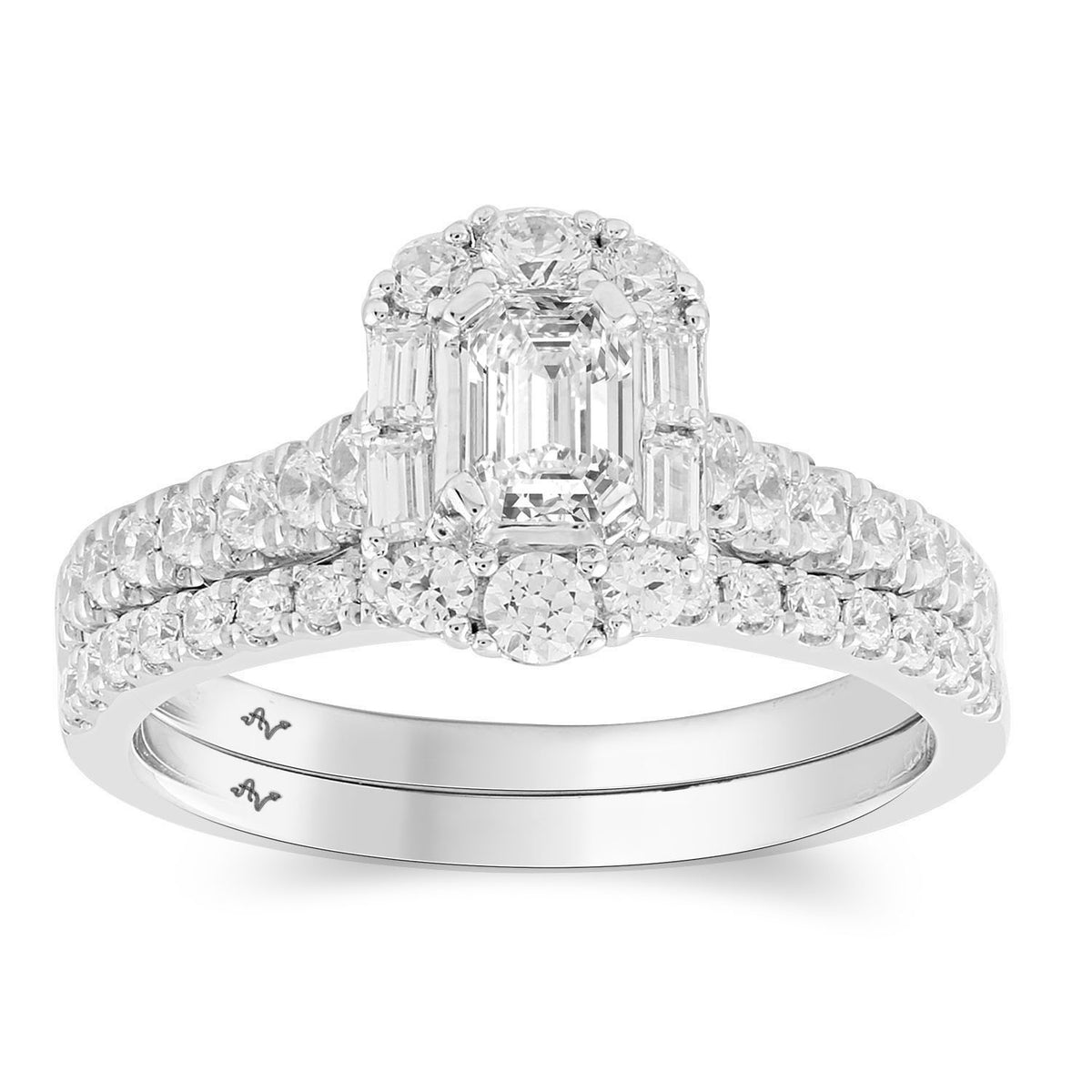 LADIES BRIDAL SET 1.00CT ROUND/BAGUETTE /EMERALD DIAMOND 14K WHITE GOLD (SI QUALITY)(CENTER STONE 0.33CT EMERALD DIAMOND)