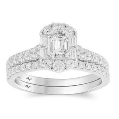 LADIES BRIDAL SET 1.00CT ROUND/BAGUETTE /EMERALD DIAMOND 14K WHITE GOLD (SI QUALITY)(CENTER STONE 0.33CT EMERALD DIAMOND)