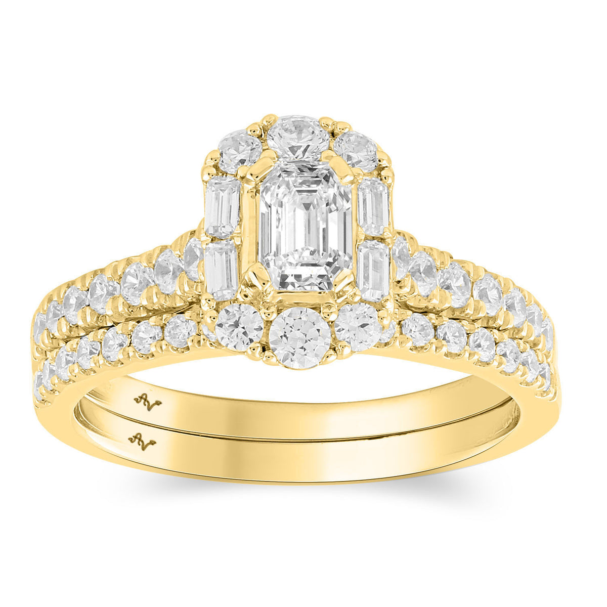 LADIES BRIDAL RING 1.00CT ROUND/BAGUETTE /EMERALD DIAMOND 14K YELLOW GOLD (SI QUALITY) (CENTER STONE 0.33CT EMERALD DIAMOND)