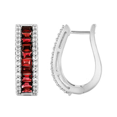 LADIES HOOPS EARRING 3.75CT ROUND/RUBY/BAGUETTE DIAMOND 14K WHITE GOLD (CENTER STONE 3.20CT RUBY DIAMOND)