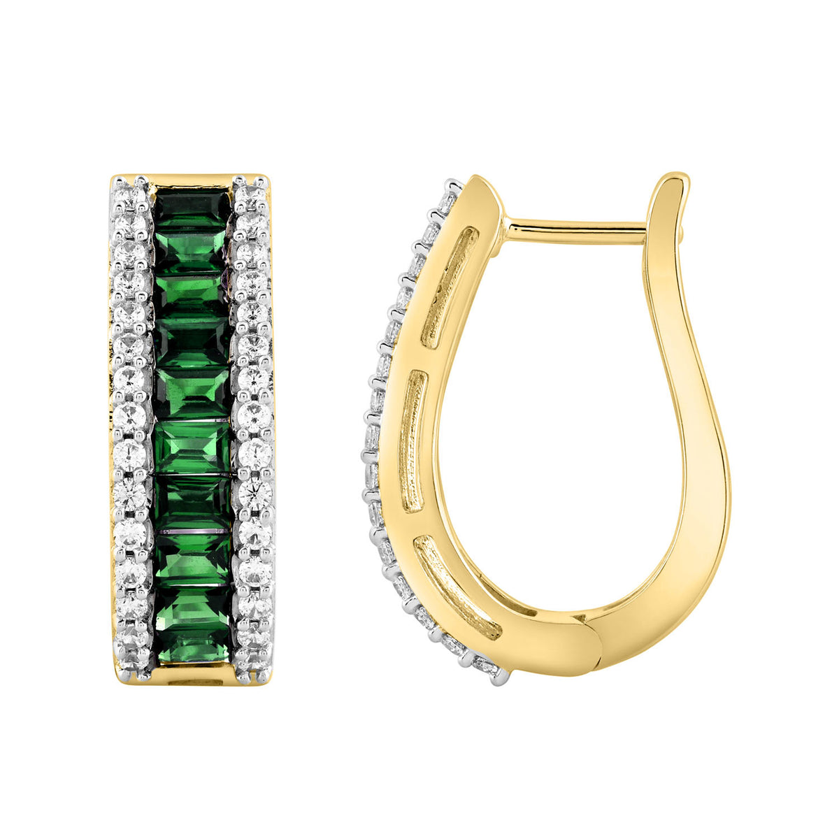 LADIES HOOPS EARRING 3.75CT ROUND/BAGUETTE /EMERALD DIAMOND 14K YELLOW GOLD (CENTER STONE 3.75CT EMERALD DIAMOND)