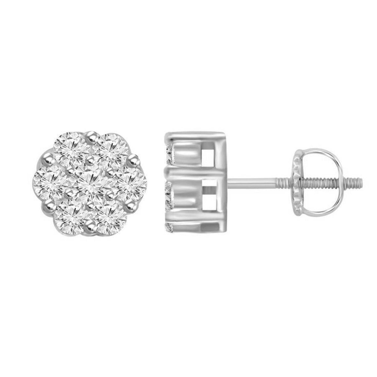 LADIES FLOWER EARRINGS 0.15CT ROUND DIAMOND 14K WHITE GOLD