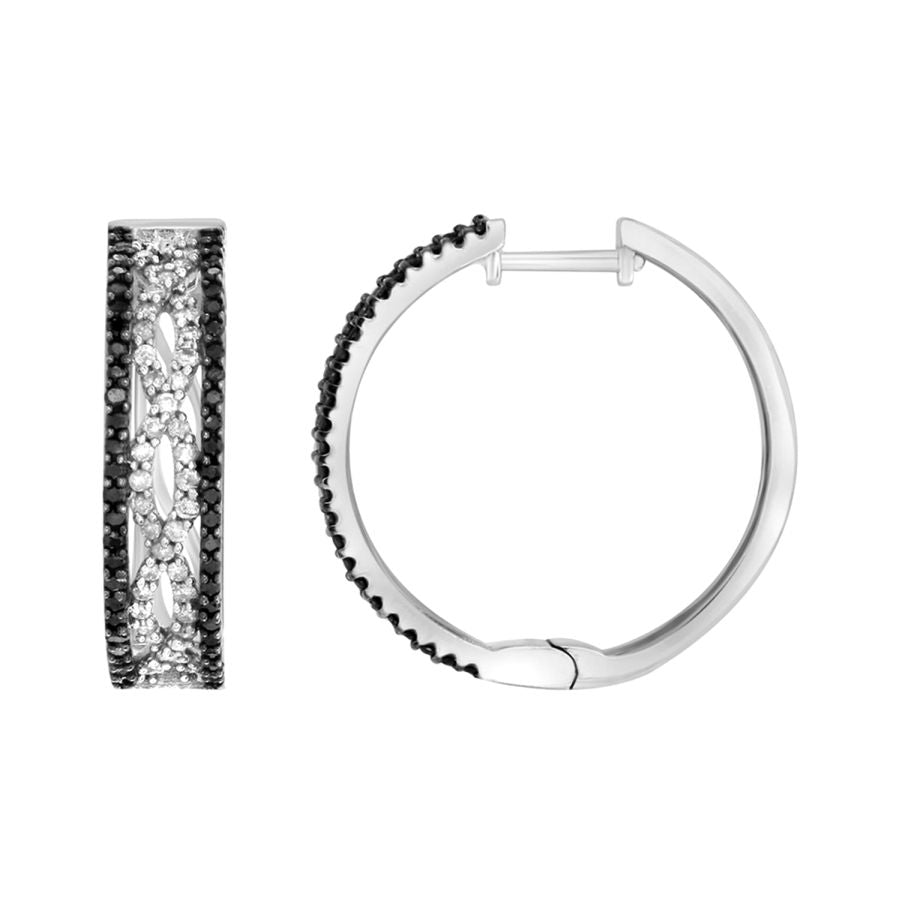 LADIES HOOP EARRINGS 1.00CT ROUND BLACK DIAMOND 14K WHITE GOLD