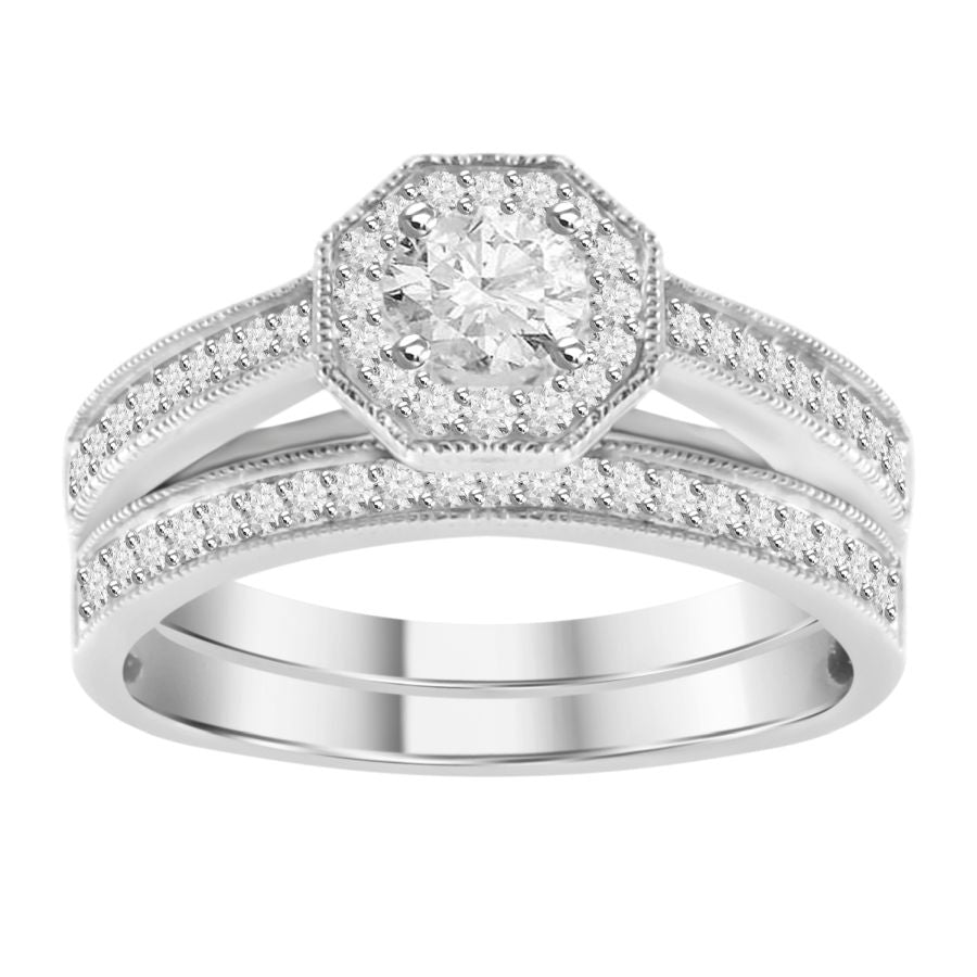 LADIES BRIDAL SET 0.50CT ROUND DIAMOND 14K WHITE GOLD