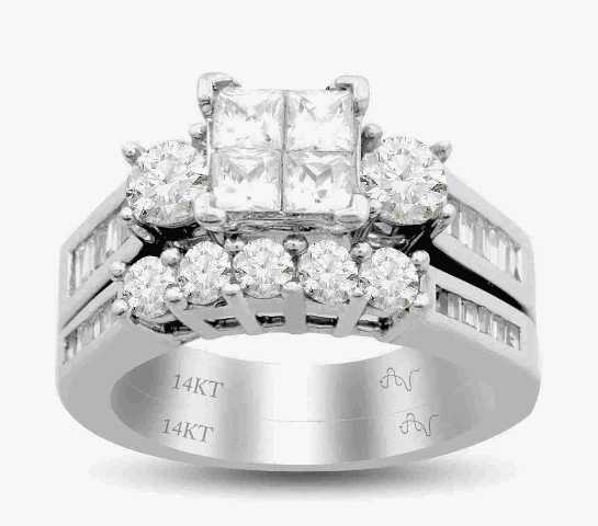 BRIDAL SET 1.50CT ROUND/PRINCESS/BAGUETTE DIAMOND 14K WHITE GOLD