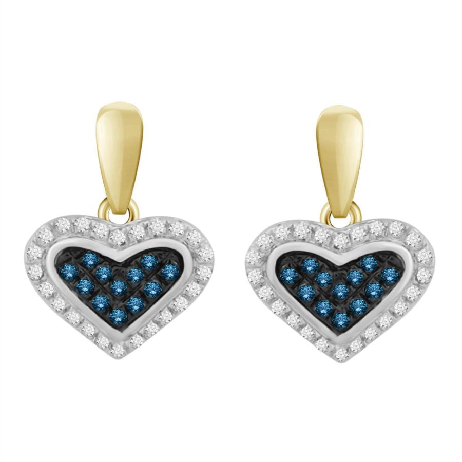 LADIES HEART EARRINGS 0.25CT ROUND BLUE DIAMOND 10K YELLOW GOLD