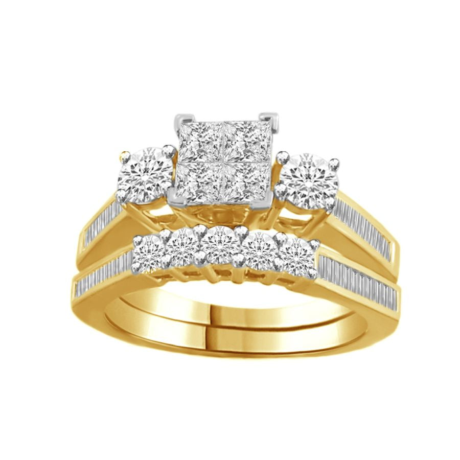 BRIDAL SET 1.50CT ROUND/PRINCESS/BAGUETTE DIAMOND 14K YELLOW GOLD