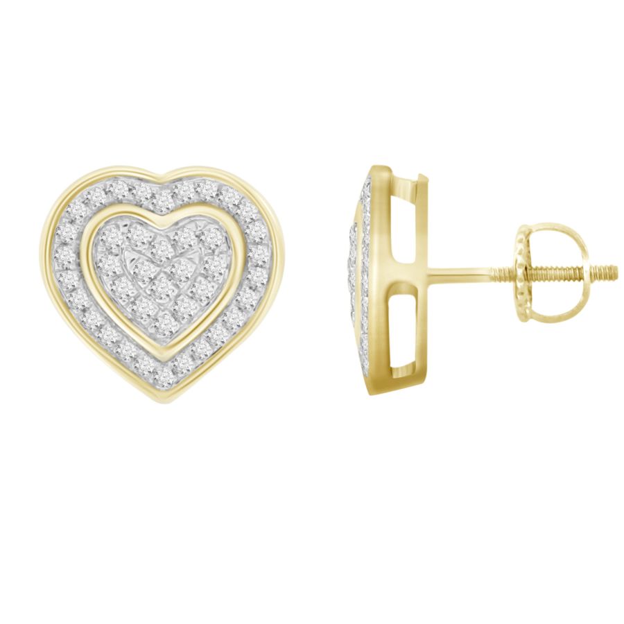 LADIES HEART EARRINGS 0.25CT ROUND DIAMOND 10K YELLOW GOLD