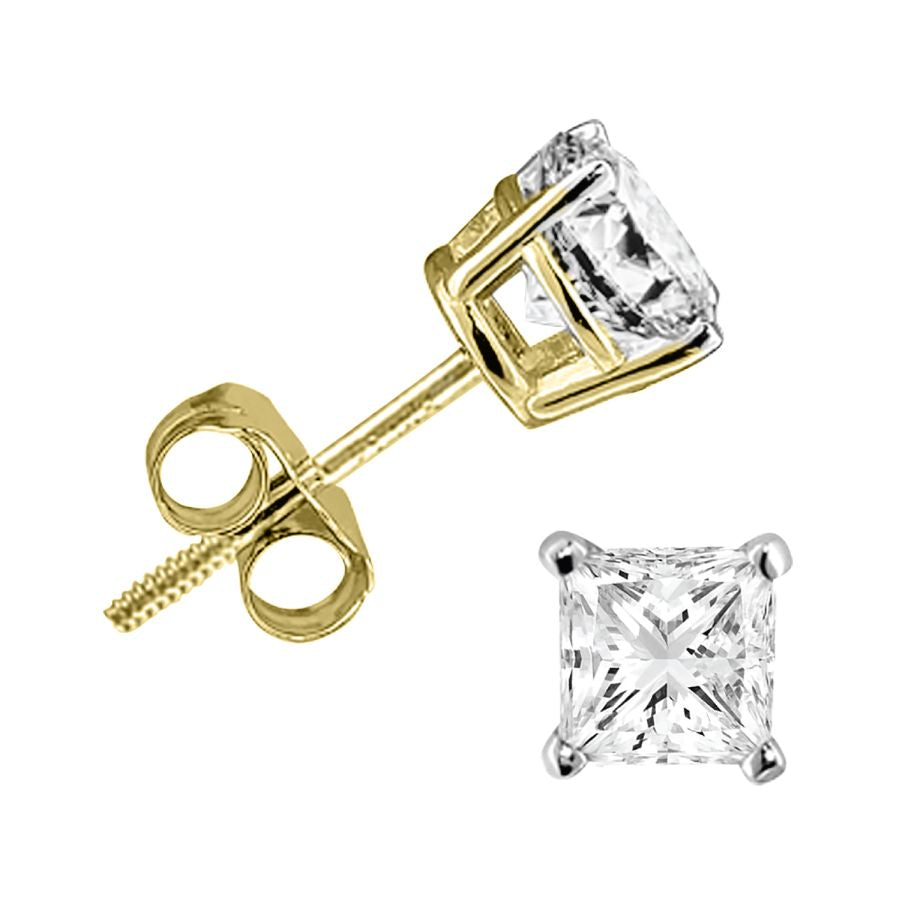 LADIES  SOLITAIRE EARRINGS 0.25CT PRINCESS DIAMOND 14K YELLOW GOLD