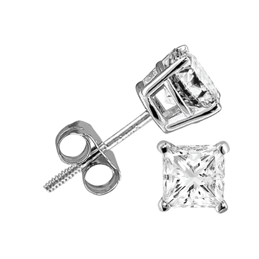 LADIES SOLITAIRE EARRINGS 0.50CT PRINCESS DIAMOND 14K WHITE GOLD