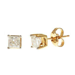 LADIES SOLITAIRE EARRINGS 1.00CT PRINCESS DIAMOND 14K YELLOW GOLD