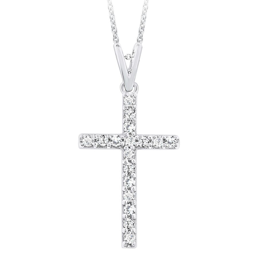 LADIES CROSS PENDANT 0.25CT ROUND DIAMOND 10K WHITE GOLD