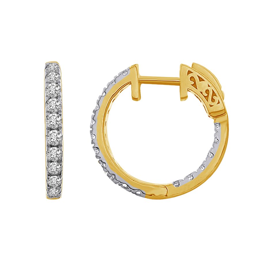 LADIES HOOP EARRINGS 1.00CT ROUND DIAMOND 10K YELLOW GOLD