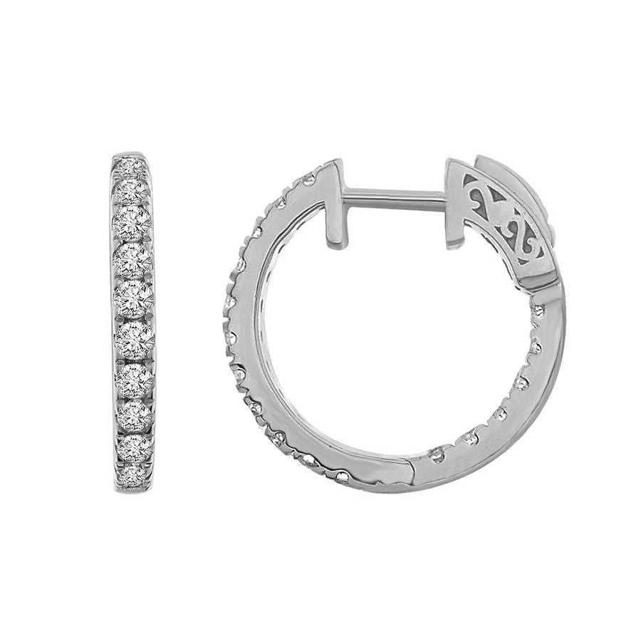 LADIES HOOP EARRINGS 0.50CT ROUND DIAMOND 10K WHITE GOLD